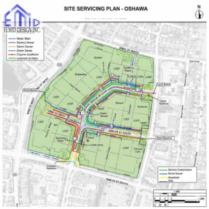Detailed site servicing plan Oshawa showing water mains, sanitary sewers, storm sewers, and utility connections for development approval