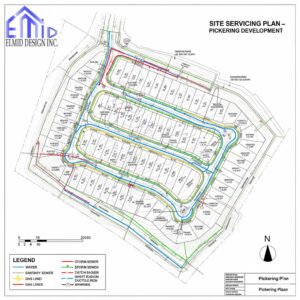 Engineering site servicing plan for a Pickering residential development showing water, sanitary, storm, and gas line layouts.