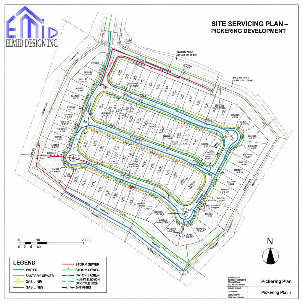 Engineering site servicing plan for a Pickering residential development showing water, sanitary, storm, and gas line layouts.
