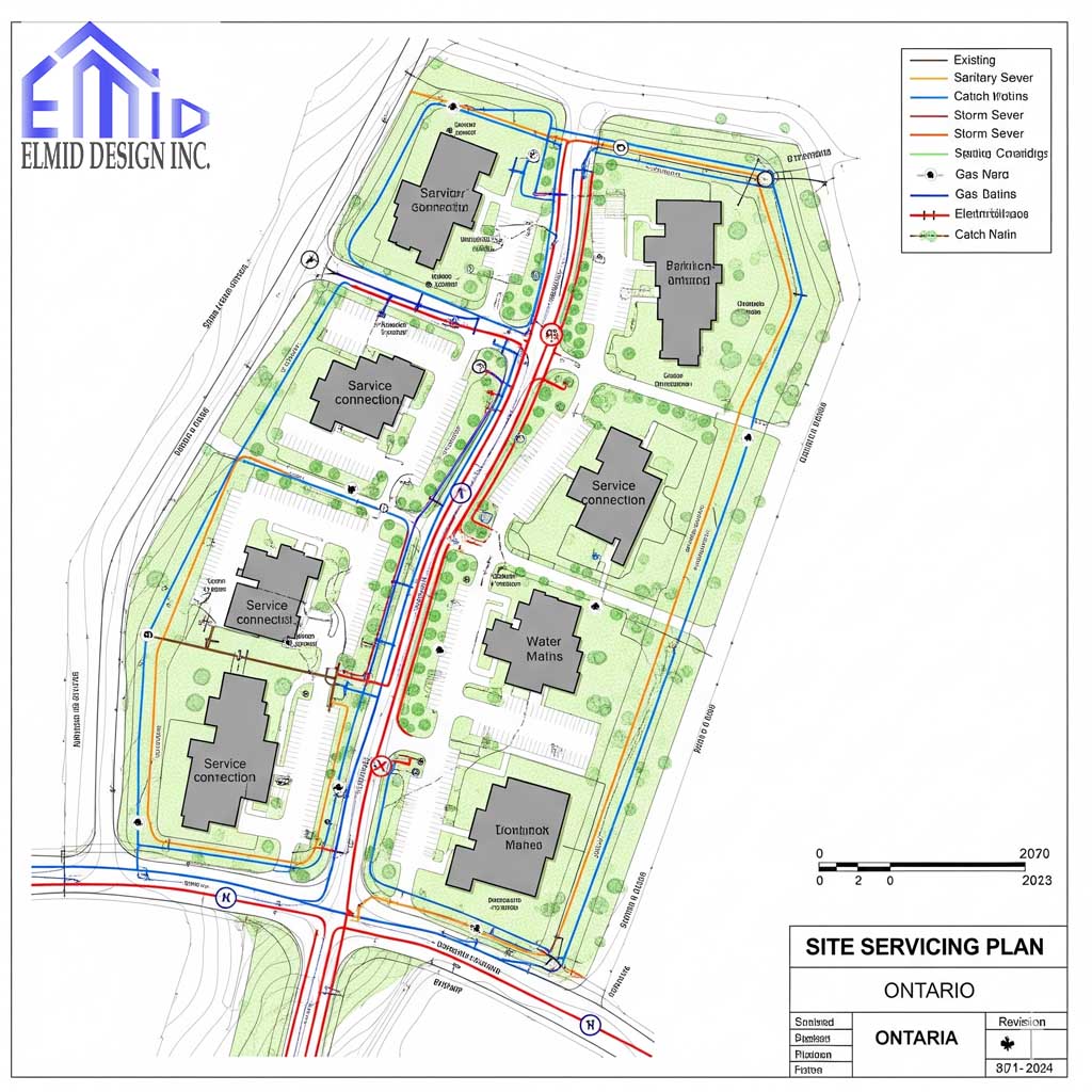 Residential site servicing plan in Ontario showing water mains, sanitary sewers, storm sewers, and service connections for development approval.