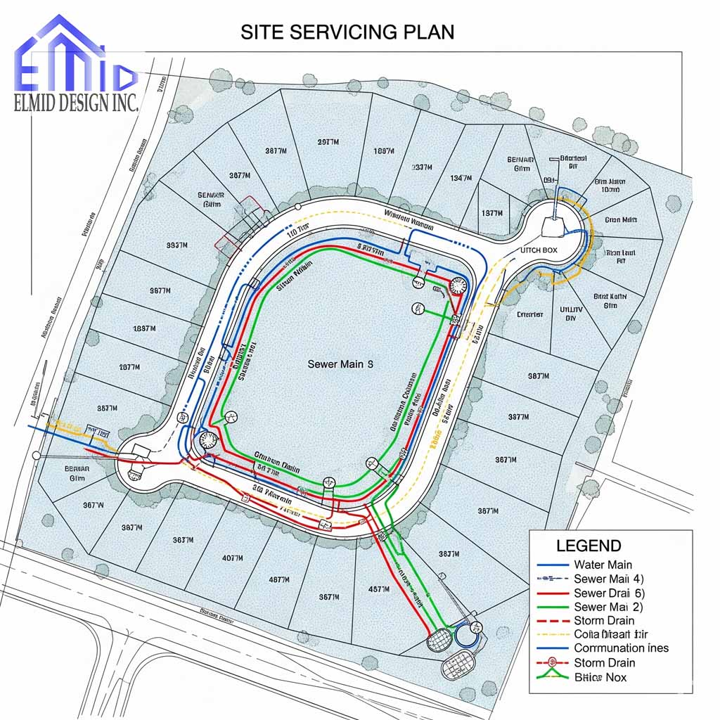 Site servicing plan in Richmond Hill showing water mains, sewer lines, storm drains, and utility connections for development projects.