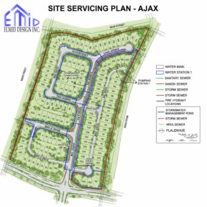 Subdivision site servicing plan Ajax showing water mains, sanitary sewers, storm sewers, fire hydrants, and stormwater management pond for residential development.