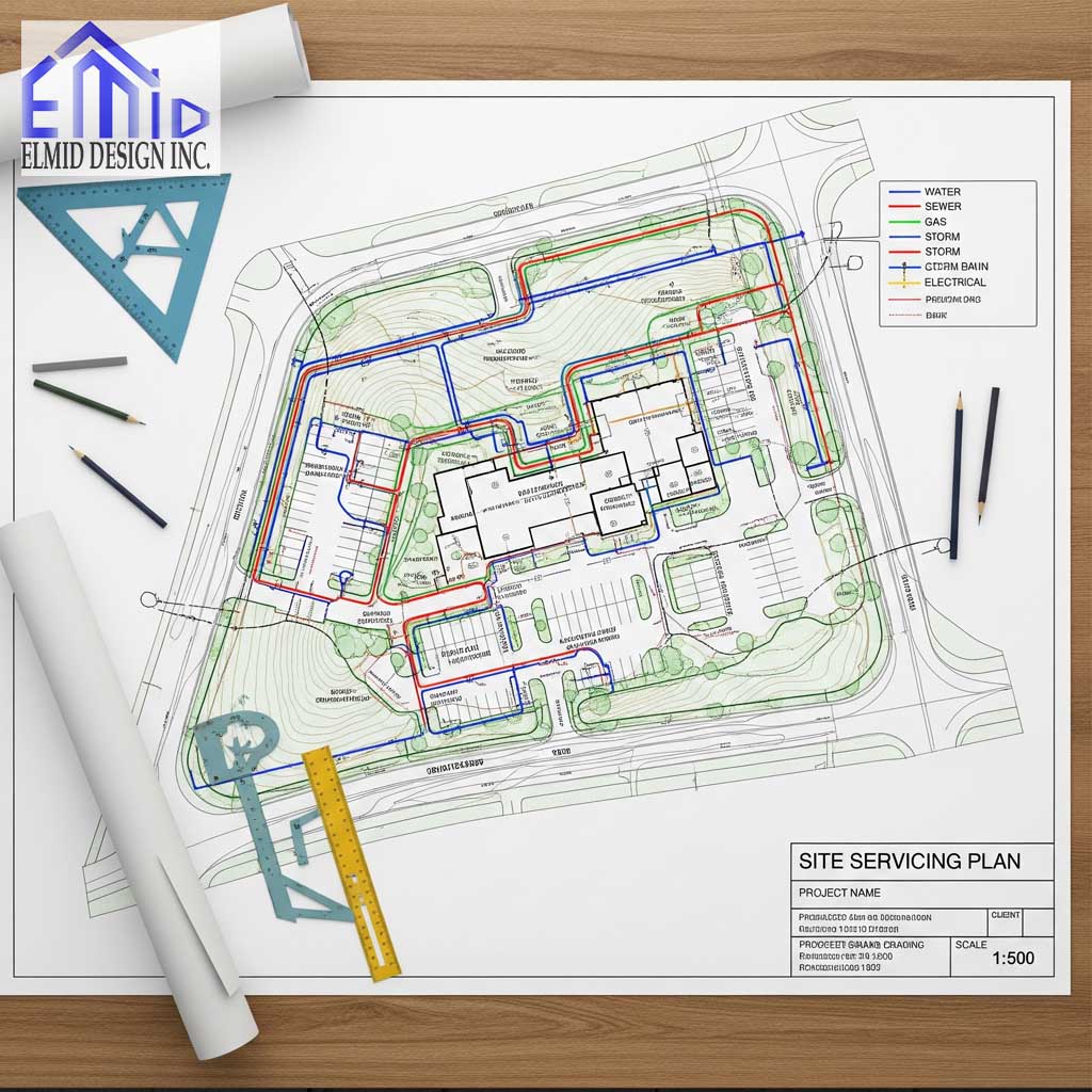 Site servicing plan Aurora showing water, sewer, stormwater, and utility layout for building development