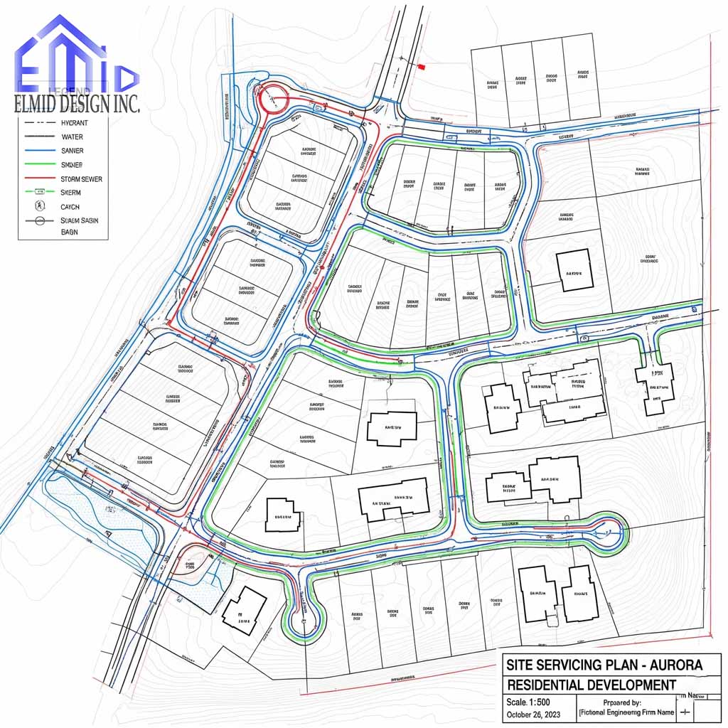 Site servicing plan Aurora for residential development showing water, sewer, stormwater, and utility connections