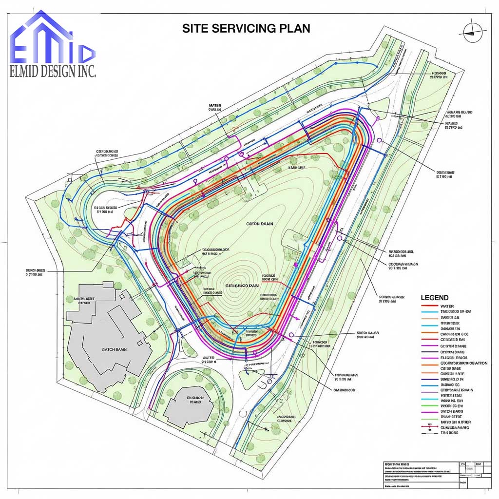 Site servicing plan Brampton showing water, sanitary, stormwater, and grading layout for building approvals.