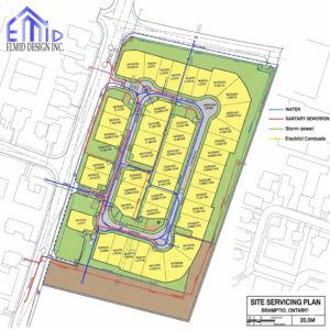 Residential subdivision site servicing plan Brampton with water, sanitary sewer, storm sewer, and utility layout for building approval.