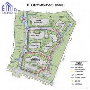 Site servicing plan in Brock showing water mains, sanitary sewers, storm sewers, gas lines, and electrical conduits for residential and commercial development.