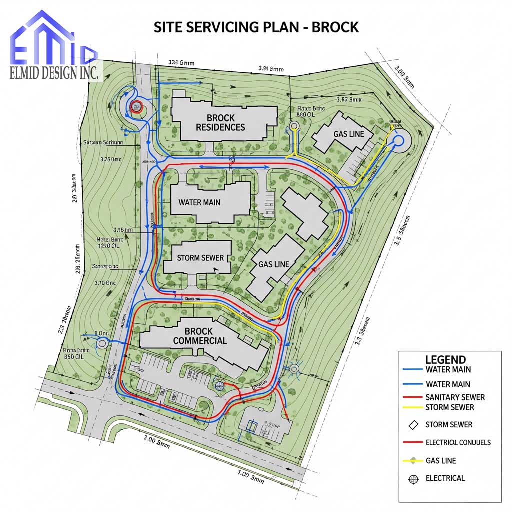 Site servicing plan in Brock showing water mains, sanitary sewers, storm sewers, gas lines, and electrical conduits for residential and commercial development.