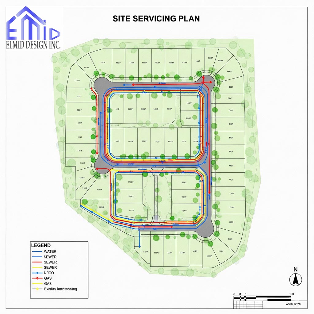 Residential site servicing plan in Brock showing water, sewer, gas, and utility connections for building approval.