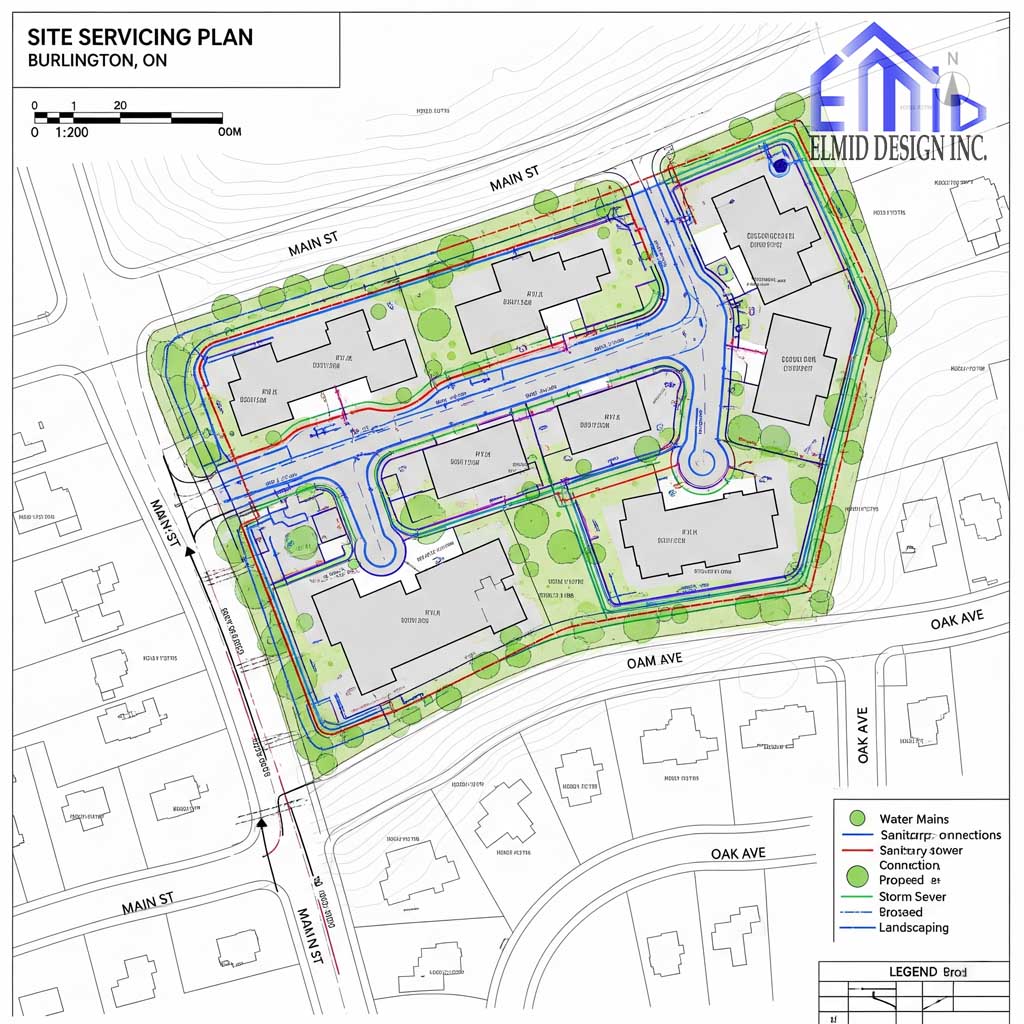 "Site servicing plan Burlington showing water mains, sanitary connections, storm sewers, and landscaping for multi-unit development"