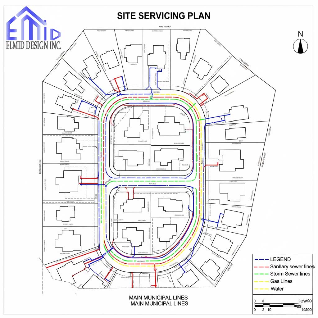 "Site servicing plan Burlington showing sanitary, storm, gas, and water service lines for residential development"