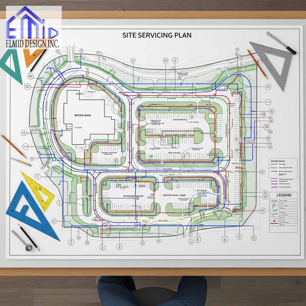 Site servicing plan Caledon showing water, sewer, stormwater, and grading design for building development