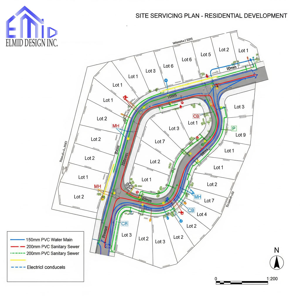"Site servicing plan for residential development in Clarington showing water mains, sanitary sewers, stormwater drainage, and utility connections."