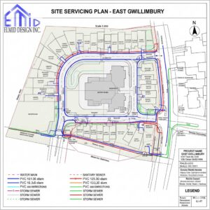 "Site servicing plan East Gwillimbury showing water, sanitary, and storm sewer design for mixed-use development"
