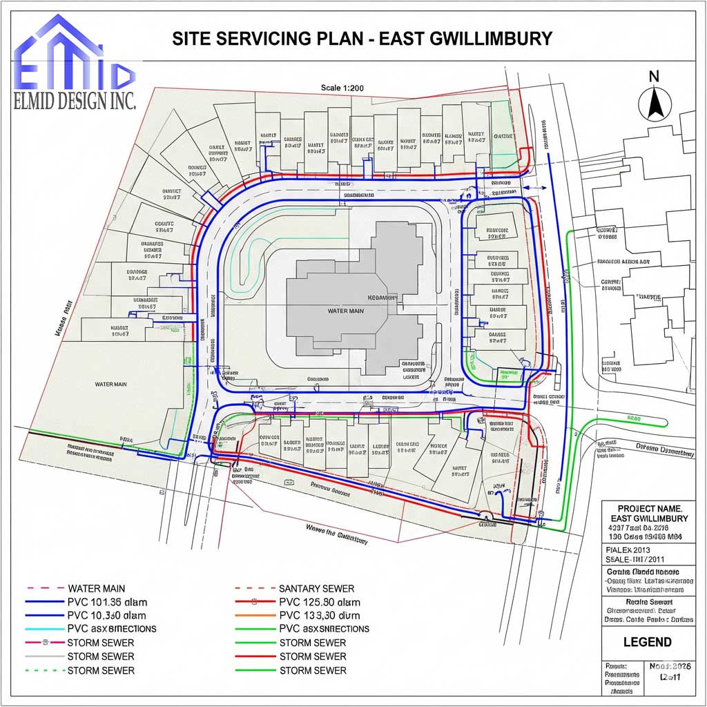 "Site servicing plan East Gwillimbury showing water, sanitary, and storm sewer design for mixed-use development"