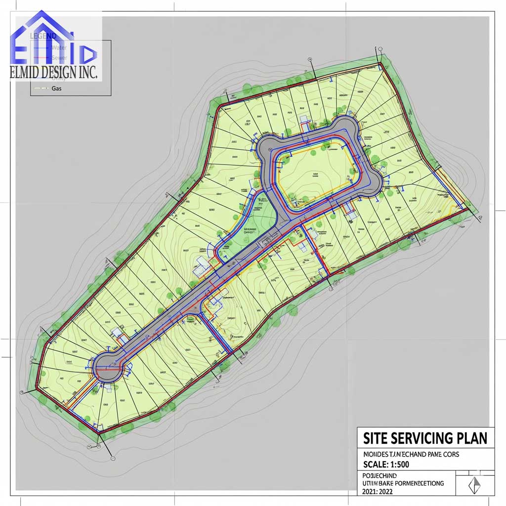 "Site servicing plan East Gwillimbury showing water, sewer, utility, and gas connections for residential subdivision"