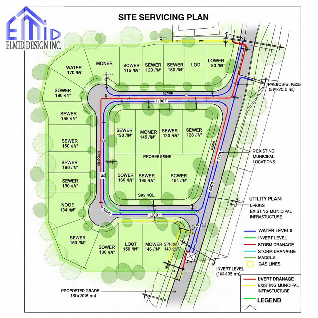 Site Servicing Plan Georgina showing water, sewer, storm drainage, and grading layout for residential development.