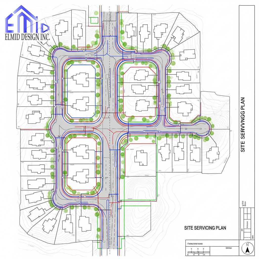 "Site servicing plan Halton Hills showing water, sewer, stormwater, and grading layout for residential subdivision."