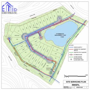 Residential Site Servicing Plan Innisfil showing water supply, sanitary sewers, storm sewers, grading, and stormwater management pond for subdivision development.