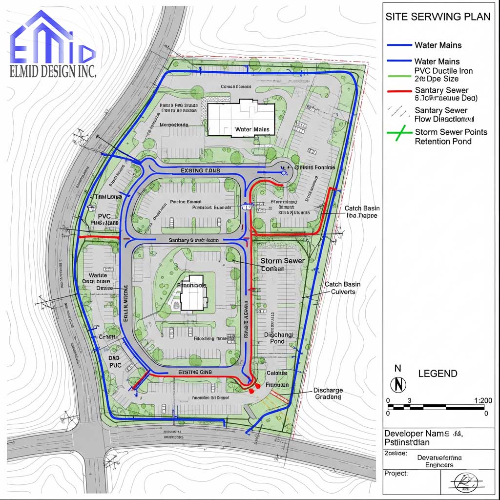 Site Servicing Plan Innisfil example showing water mains, sanitary sewers, storm sewer systems, grading, and retention ponds for building development.