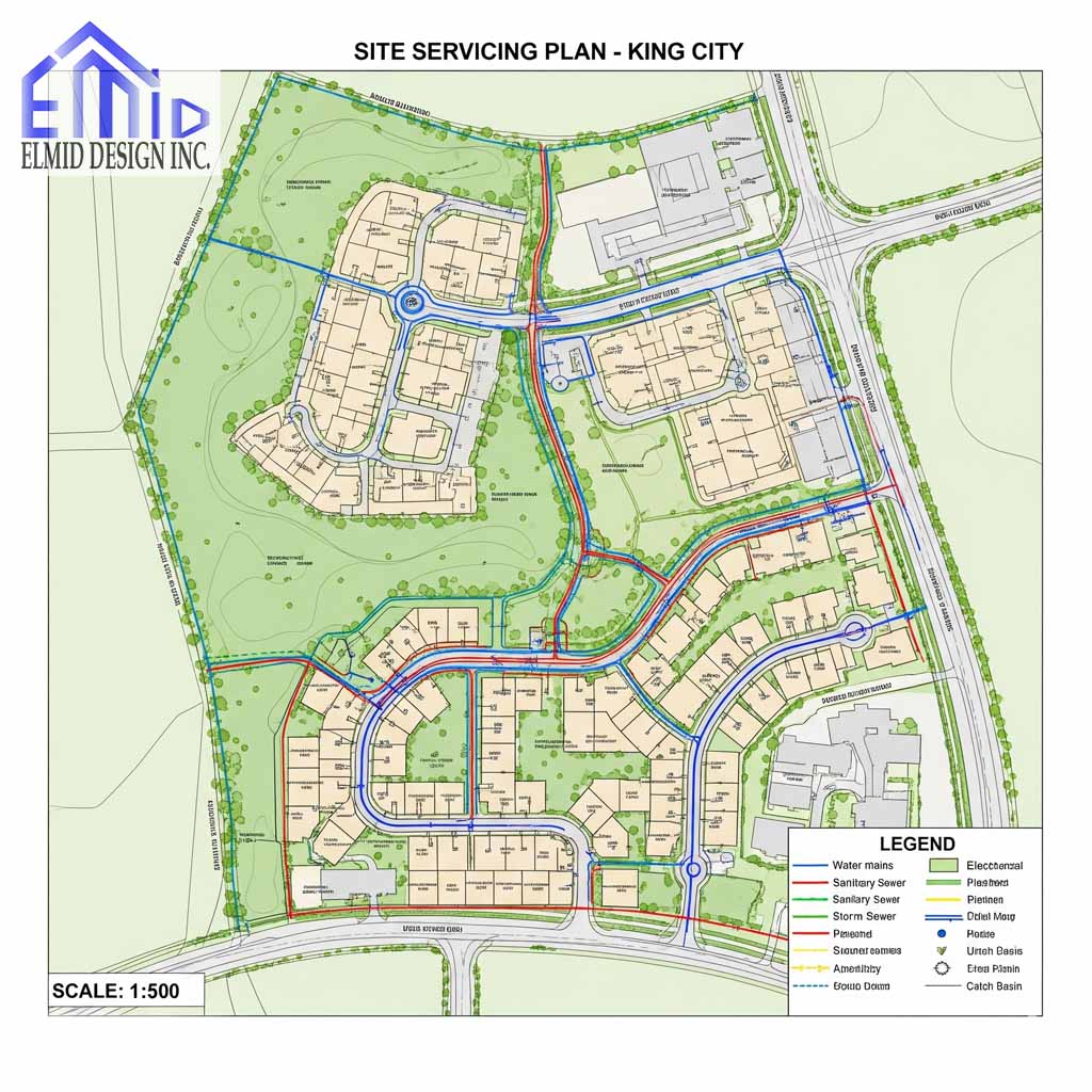 Site servicing plan King City by Elmid Design Inc showing water, sewer, stormwater, and grading design for residential development
