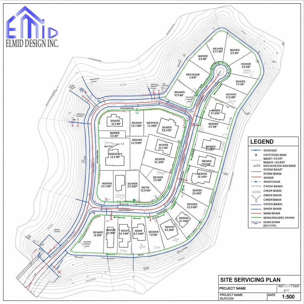 Site servicing plan King City showing water, sewer, stormwater, and grading design for a residential subdivision