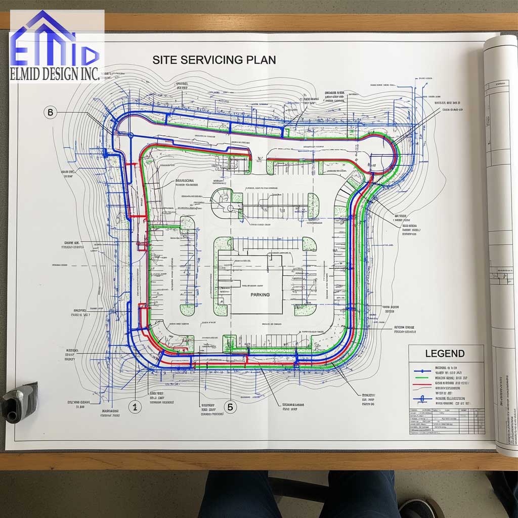 Site servicing plan in Markham showing water, sanitary, and storm sewer connections for a building development project.