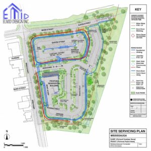 Residential Site Servicing Plan Mississauga showing water mains, sanitary sewers, storm sewers, grading, and proposed building layout.