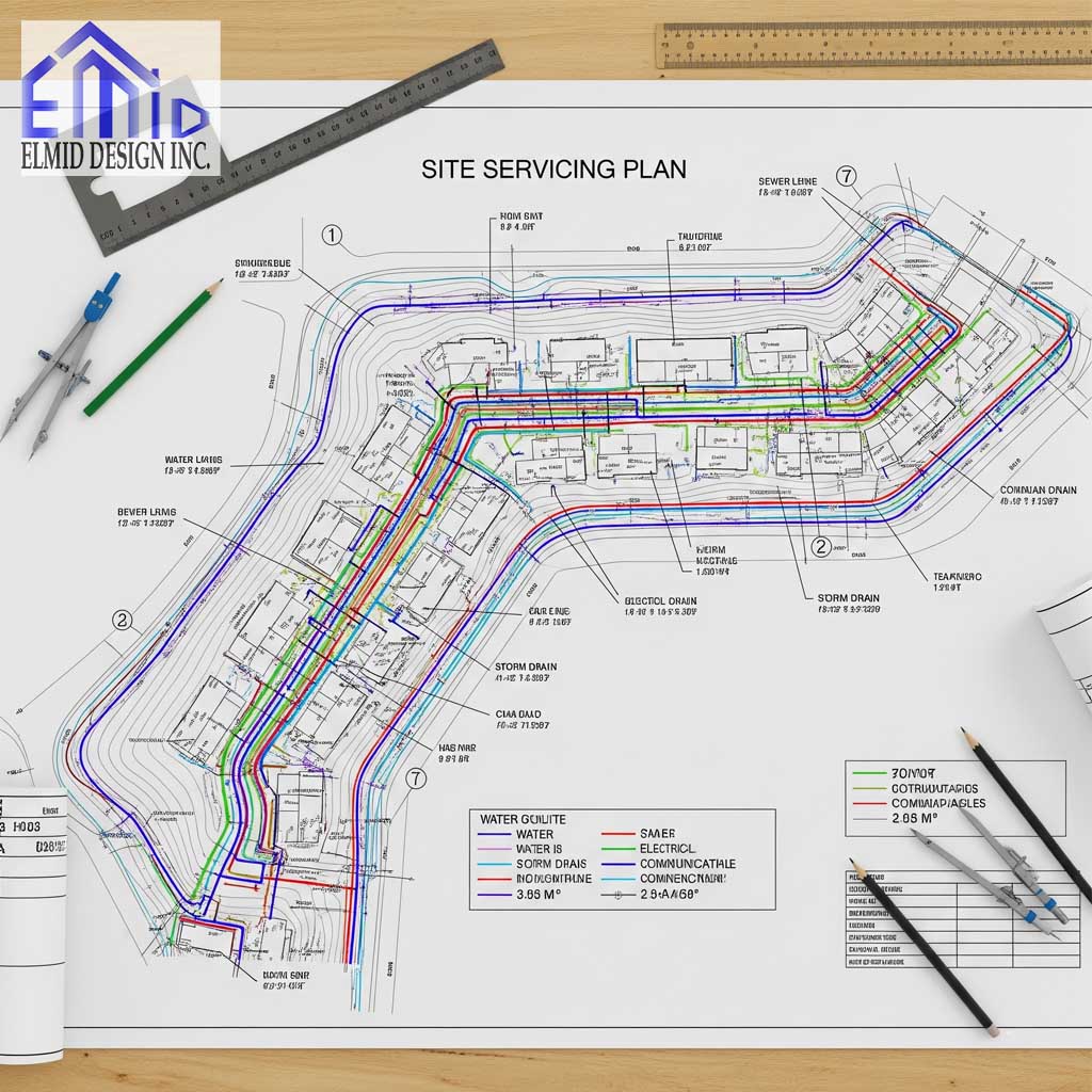 "Site servicing plan Oakville showing detailed water, sewer, stormwater, and utility layout for residential development."