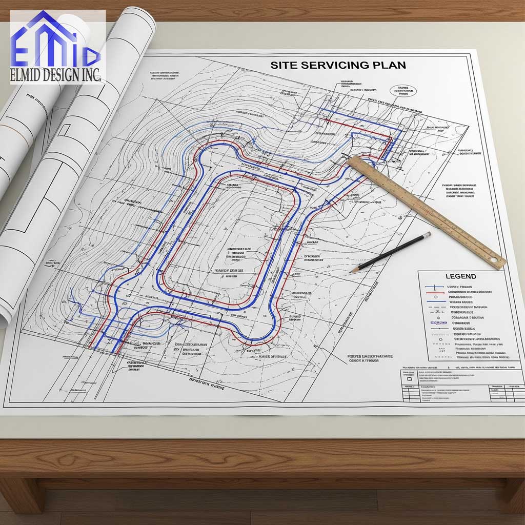 Detailed site servicing plan in Ontario showing water, sanitary, storm, and grading layouts for building development approvals.