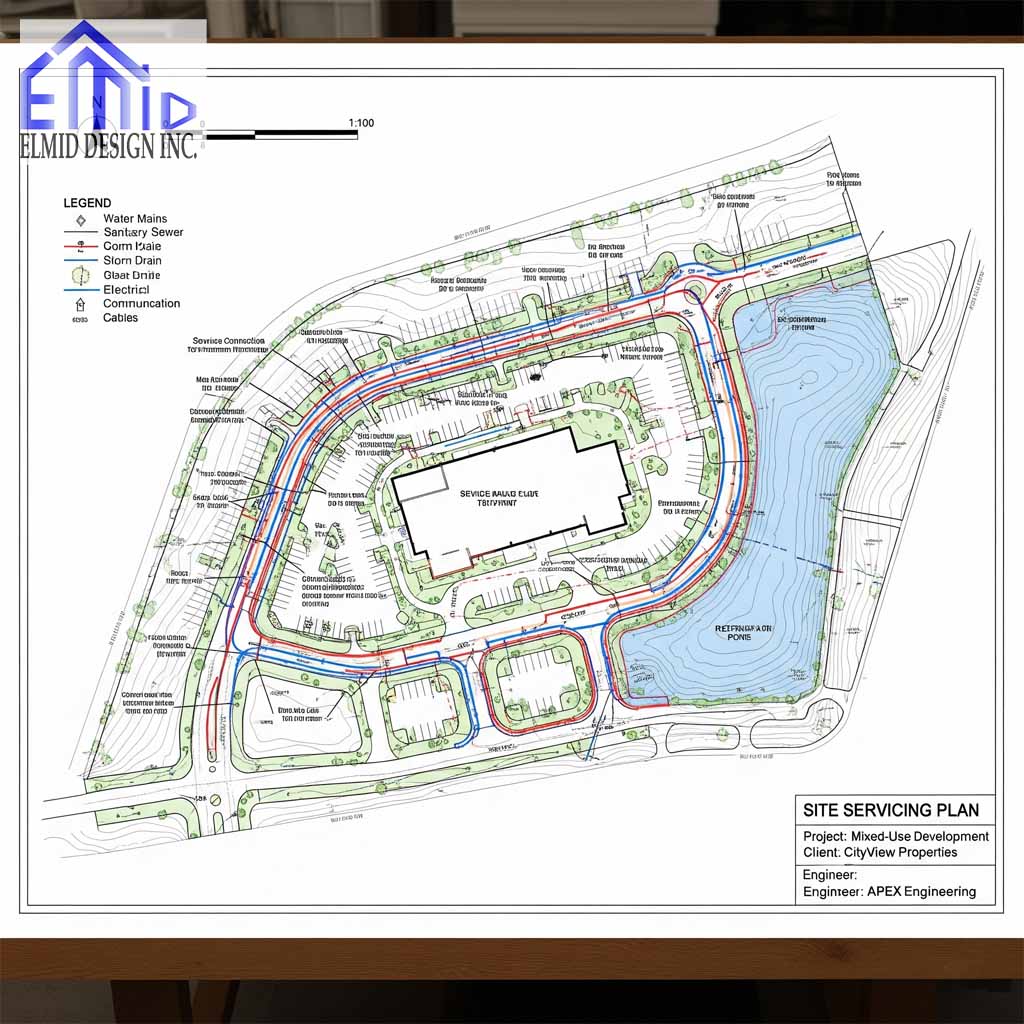 Site servicing plan Oshawa prepared by Elmid Design Inc showing water, sewer, storm, and grading layout for development approval