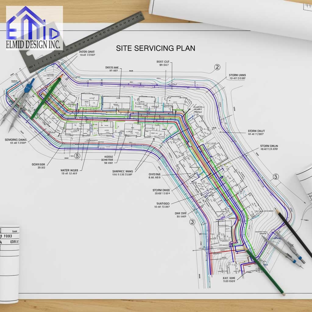 Detailed site servicing plan drawing in Pickering showing water, storm, and sanitary service layouts for development projects.