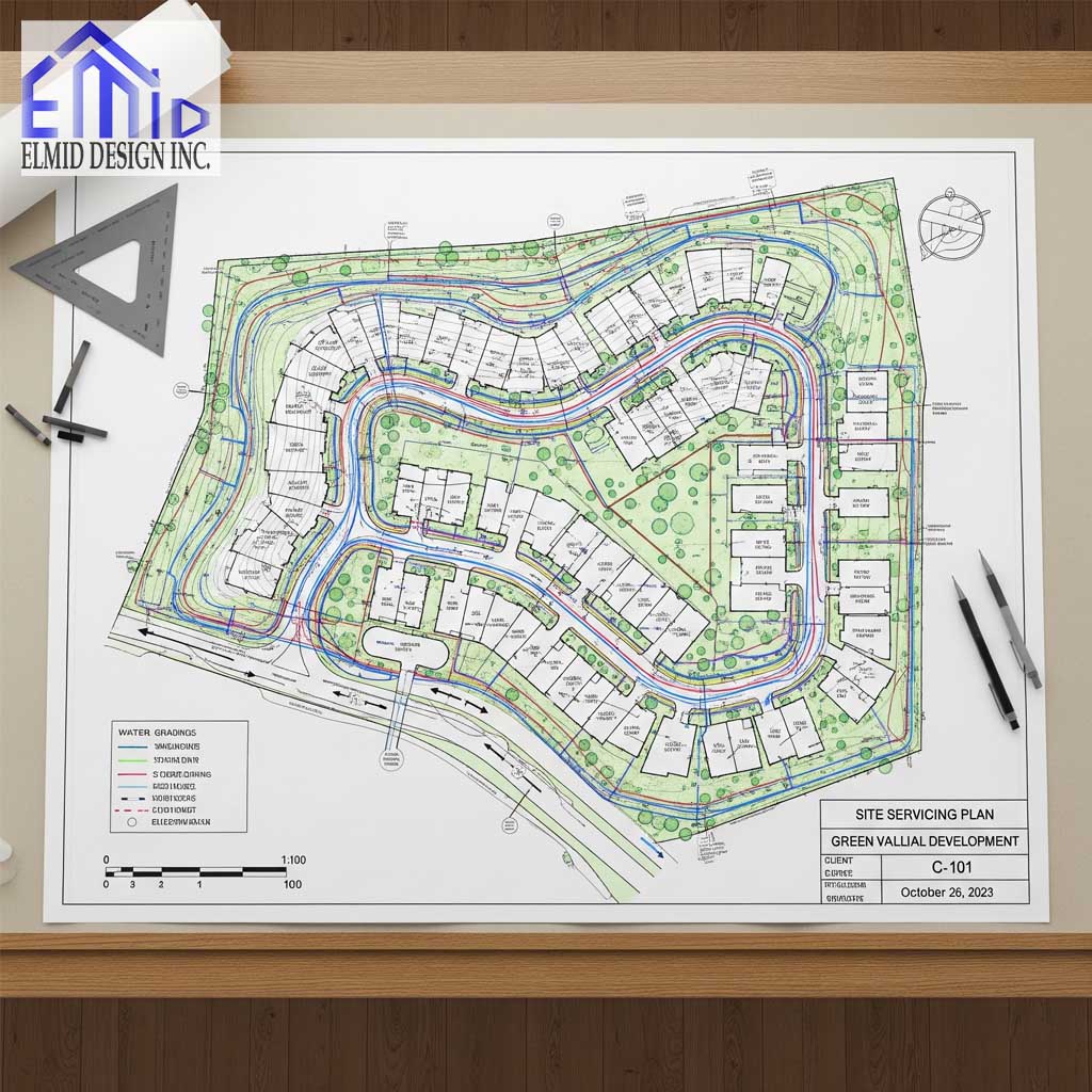 Site servicing plan for Green Valley development in Scugog showing grading, utilities, stormwater, and lot layouts.