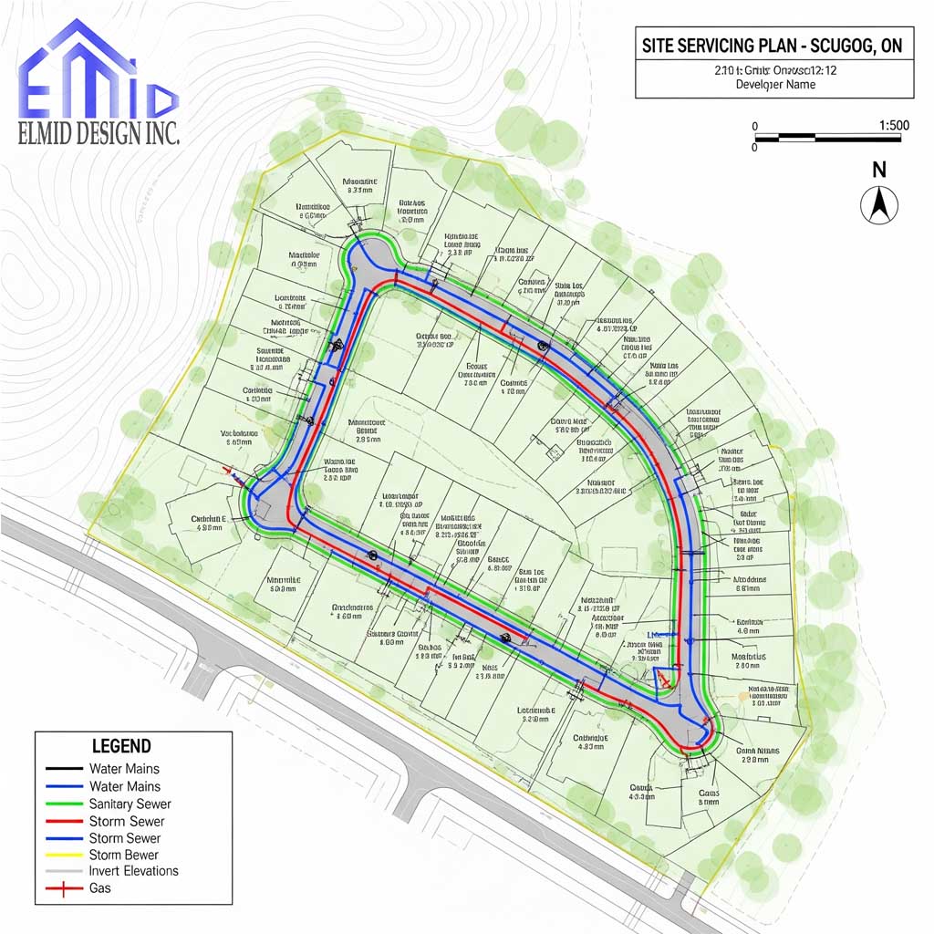Site servicing plan in Scugog displaying watermains, sanitary sewers, storm sewers, grading, and utility layout for subdivision development.