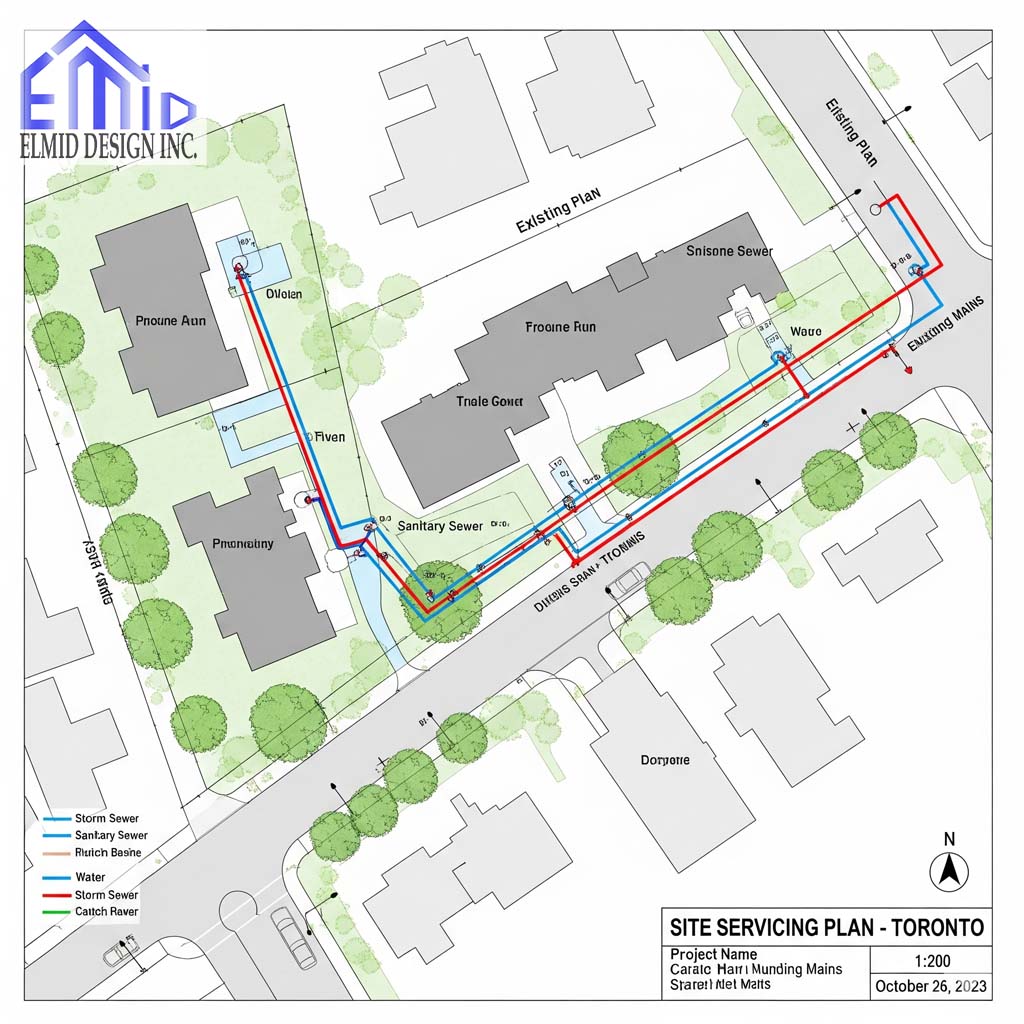 Residential site servicing plan Toronto showing water, sanitary sewer, storm sewer, and utility connections for development approval.
