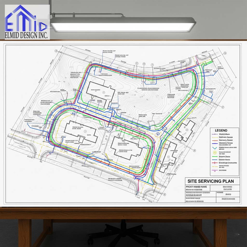 Detailed site servicing plan Toronto showing water, sanitary, stormwater, grading, and utility connections for new development.