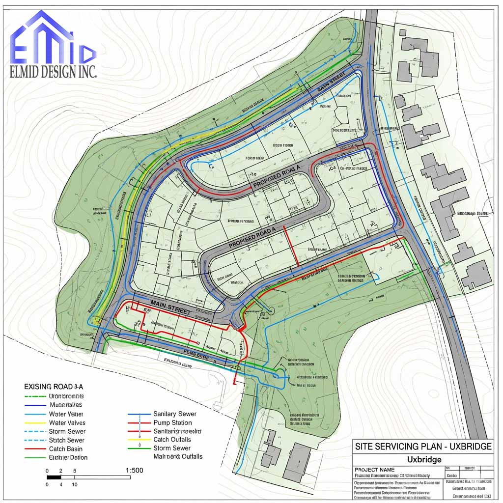 Residential site servicing plan in Uxbridge illustrating sanitary sewers, storm sewers, water mains, and grading layout for development approval.