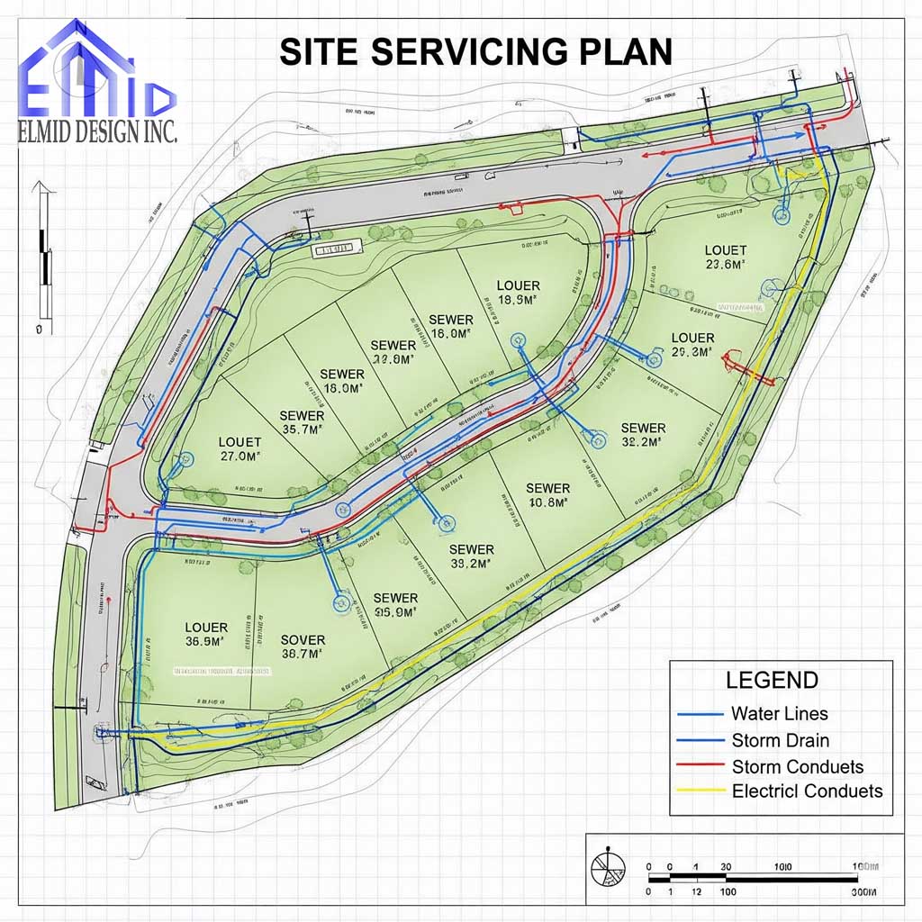 Site servicing plan in Uxbridge showing water lines, storm drains, sanitary sewers, and utility conduits for building approvals.
