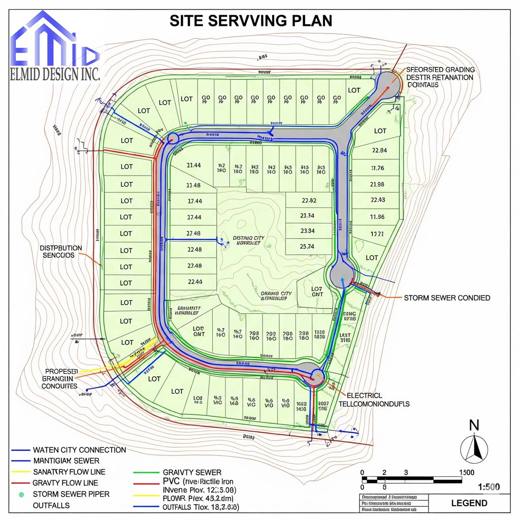 Site servicing plan in Vaughan showing water, sanitary, storm sewer, and utility connections for residential lots.