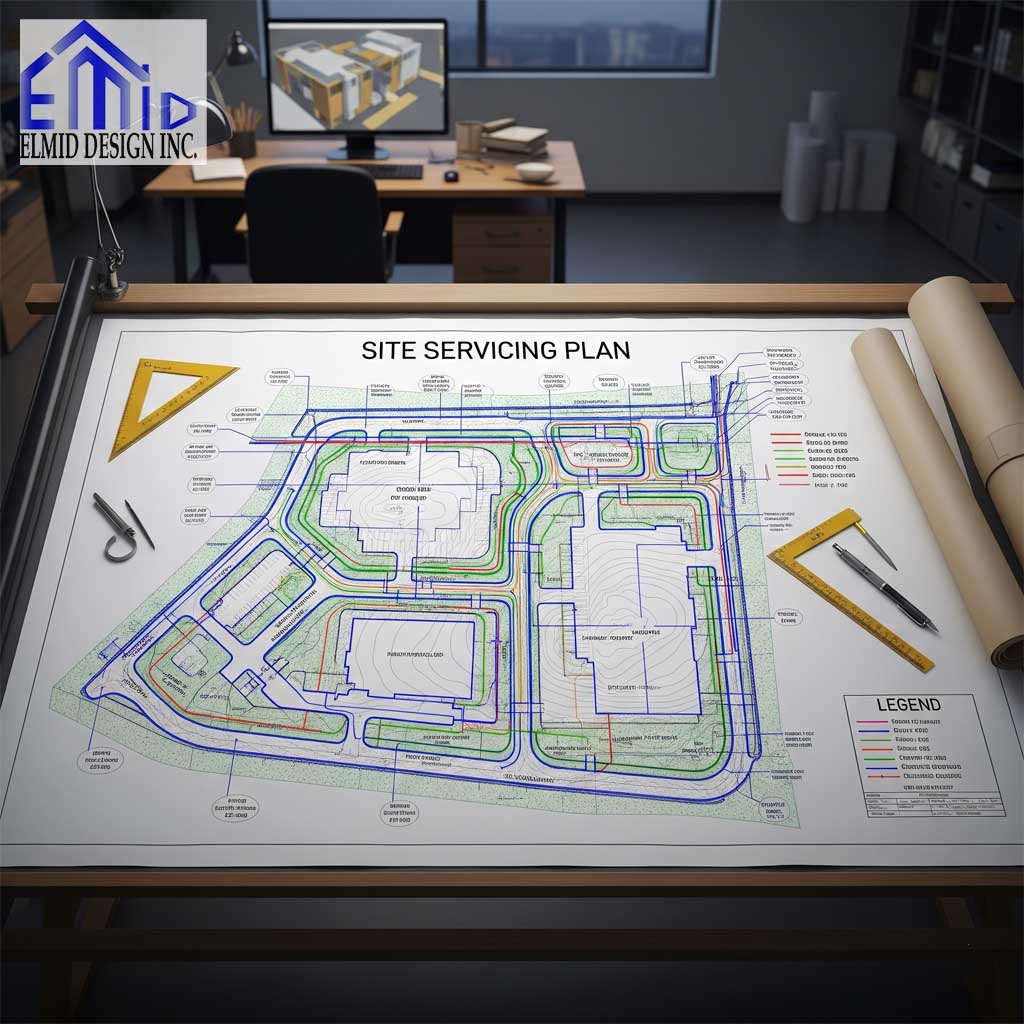 Site servicing plan in Whitby showing grading, stormwater, water, and sanitary sewer design for a development project.