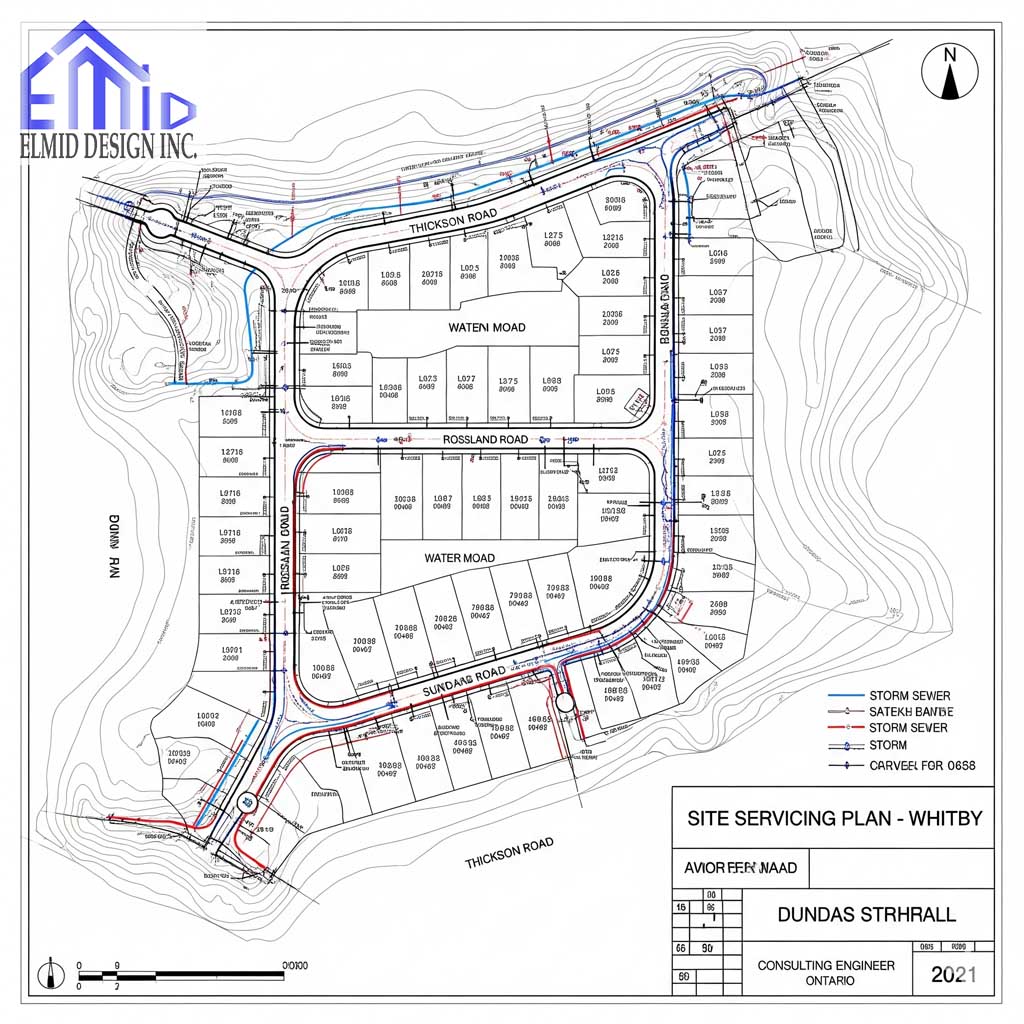 Subdivision site servicing plan in Whitby showing storm sewers, grading, and utility layout for residential development.