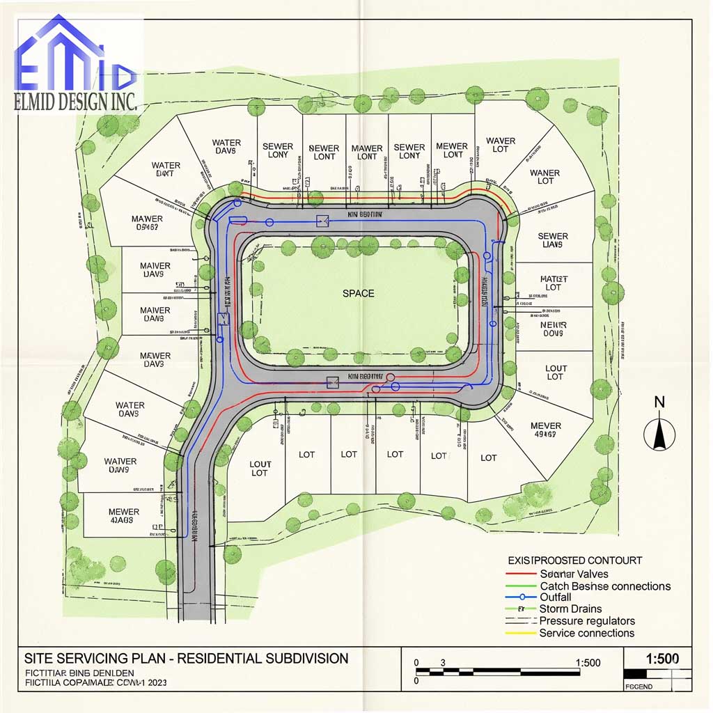 "Site servicing plan Whitchurch-Stouffville showing water, sewer, storm, and drainage layout for residential subdivision"