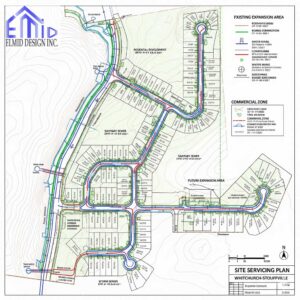 "Site servicing plan Whitchurch-Stouffville showing water, sanitary, and storm layouts for subdivision and commercial expansion"