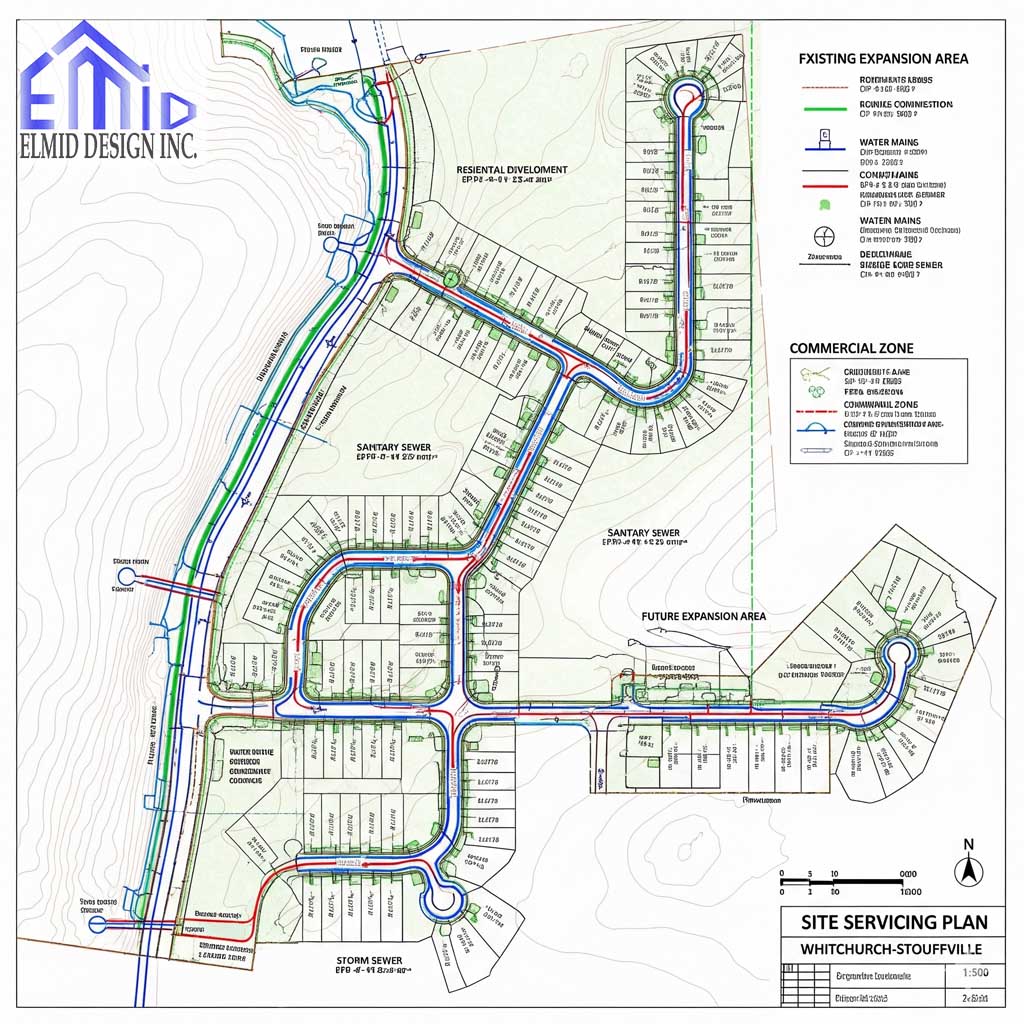 "Site servicing plan Whitchurch-Stouffville showing water, sanitary, and storm layouts for subdivision and commercial expansion"