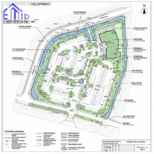Site plan showing low-impact storm water management design in East Gwillimbury with bioswales, rain gardens, and permeable pavement.