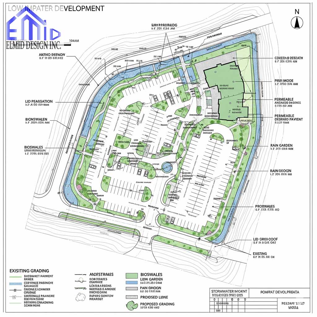 Site plan showing low-impact storm water management design in East Gwillimbury with bioswales, rain gardens, and permeable pavement.