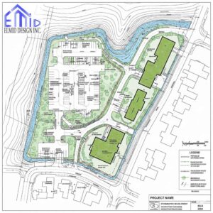 Site plan of stormwater management in Ajax showing bioswales, rain gardens, and stormwater detention features integrated into development.