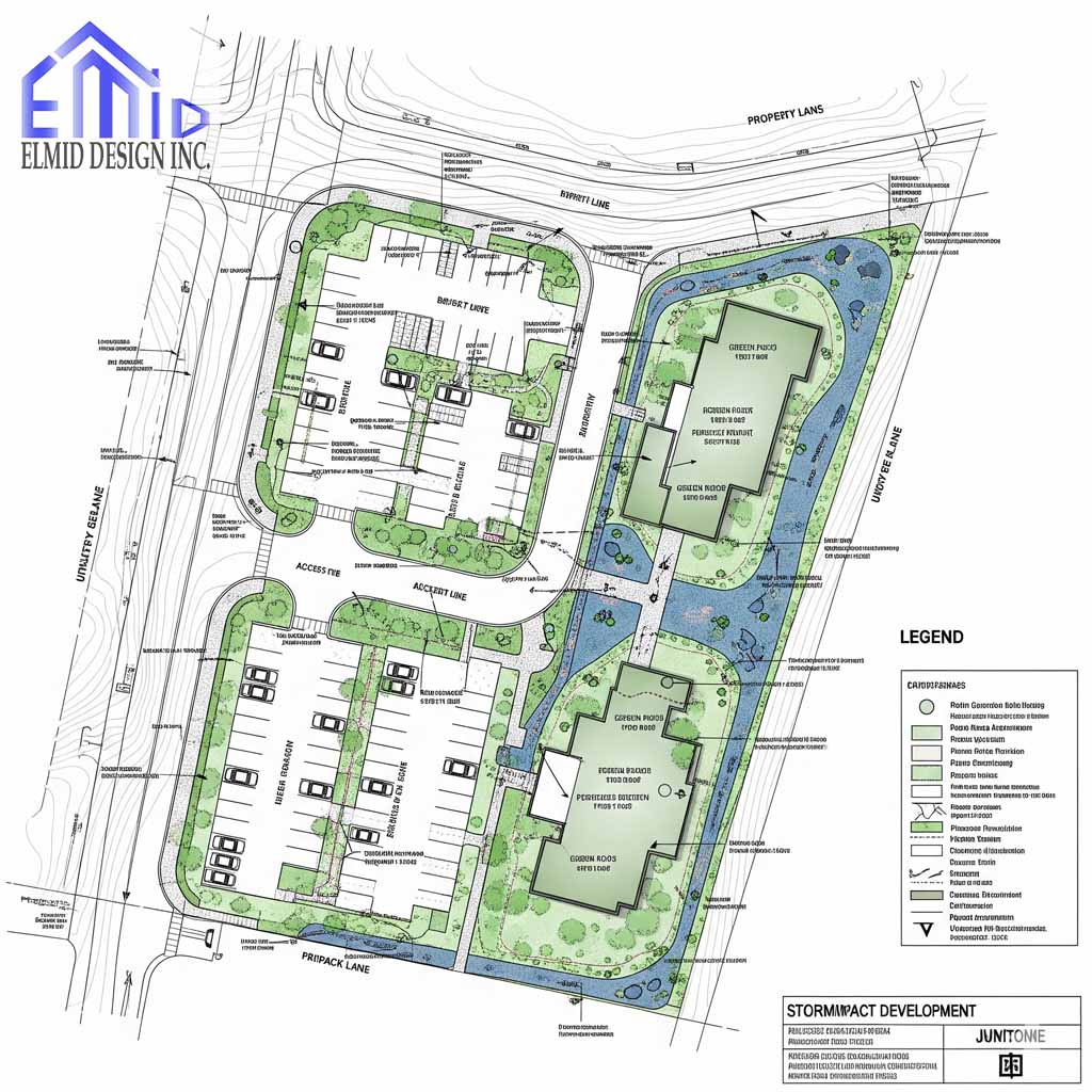 Site layout of stormwater management design in Brampton showing green roofs, bioswales, and engineered drainage areas.