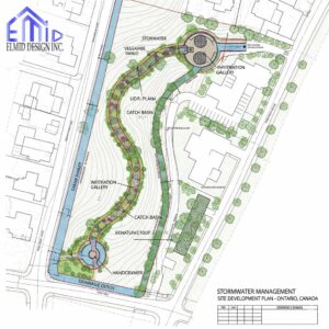 Detailed site plan showing stormwater management design in Burlington with drainage ditches, catch basins, swales, and infiltration galleries.