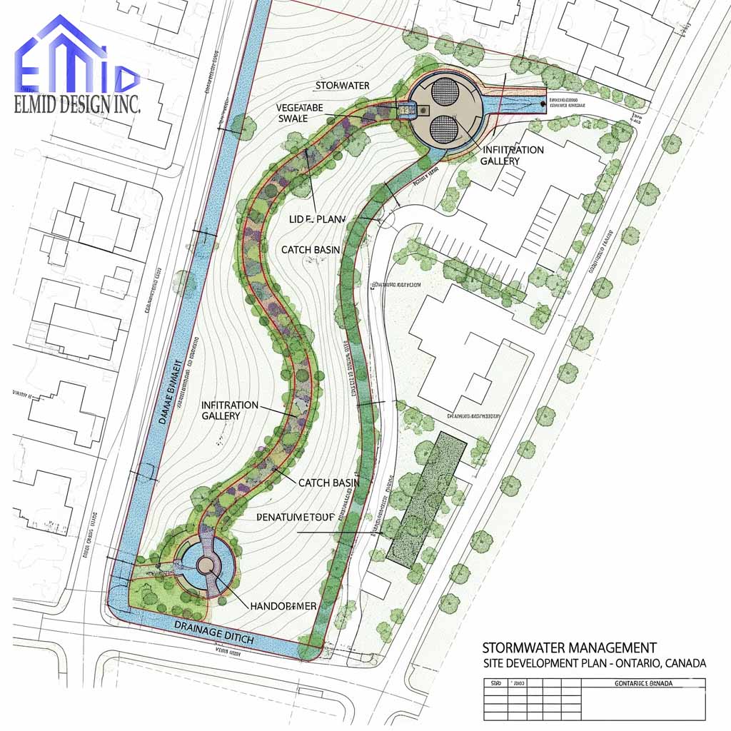 Detailed site plan showing stormwater management design in Burlington with drainage ditches, catch basins, swales, and infiltration galleries.